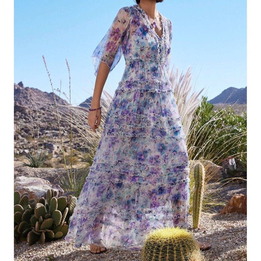 Johnny Was Women XS Glinda Maxi Overlay Sheer Silk Dress Floral Ruffle Tiered